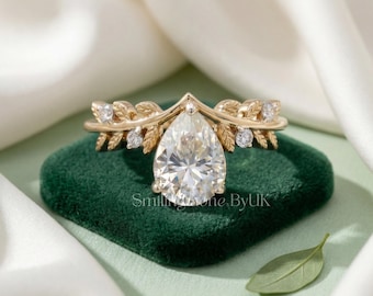 Vintage Style Floral Bridal Ring Dainty Lab Grown Diamond Pear Ring 10k Solid Gold Twig Wedding Ring Alternative Eco Friendly Bride Ring