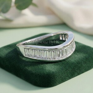 Baguette Cut Moissanite Wave Band 10K White Gold Channel Setting Contour Wedding Band Handmade Curved Stacking Ring Anniversary Gift For Her