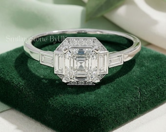 Asscher Cut Lab Diamond Ring Baguette Halo 14k Solid Gold, Art Deco Wedding Ring, Custom Handmade Promise Ring Gift for Her