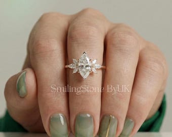 Boho Marquise Cut Lab Diamond Promise Ring, Rose Gold Floral Marquise Cluster Ring for Her, Art Deco Anniversary Gift