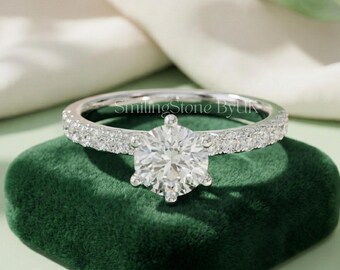 Round Moissanite Hidden Accents Ring, Dainty Pave Wedding Band, 10k White Gold Ethical Bridal Ring, IGI Certified Lab Diamond