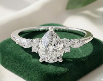 Unique Pear-Shaped Lab-Grown Diamond Ring, Hidden Detail Marquise Accent Wedding Ring, Handmade 10k White Gold Promise Ring for Her