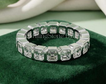 Bezel Asscher Cut Eternity Ring, 10k Solid Gold Stackable Band, Colorless VVS Moissanite Bridal Jewelry, Handmade Personalized Gift for Her
