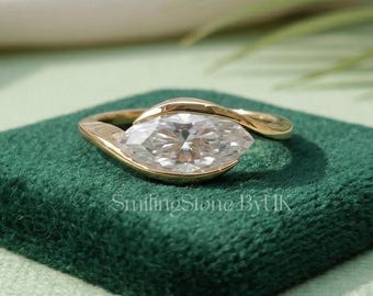 East West Marquise Ring 10K Solid Gold, Bezel Setting Lab Grown Diamond Anniversary Band, Minimalist Solitaire Dainty Statement Jewelry