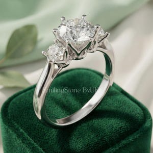 Three Stone Round Engagement Ring, 10k White Gold Past Present Future Ring, Handmade Ethical Jewelry
