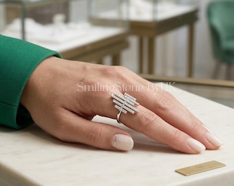 Art Deco Style Geometric Bar, 925 Sterling Silver Lab Diamond Statement Piece, Modern Architectural Soundwave Design Jewelry