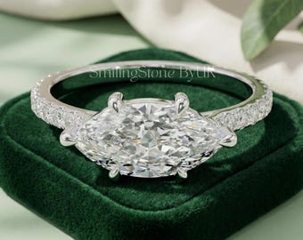 East West Marquise Ring, in 14k Solid Gold Half Eternity Ring for Women, Unique Promise Ring, Elongated Lab Diamond Ring
