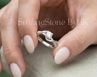 Round Brilliant Bypass Wedding Ring, Criss Cross Split Shank Ring, Colorless Moissanite Solitaire Ring, Unique Dainty Bridal Jewelry