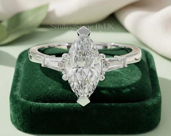 Marquise Cut Lab Diamond Ring with Tapered Baguettes, 10k White Gold Three Stone Anniversary Ring, Colorless VVS Moissanite Wedding Ring