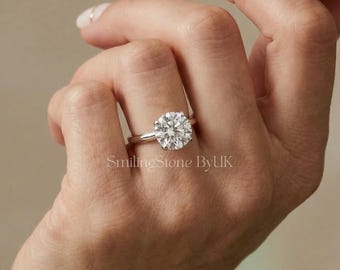 Round Lab Grown Diamond Engagement Ring for Women, 14k Solid Gold Moissanite Solitaire Ring, Large Sparkle Proposal Ring