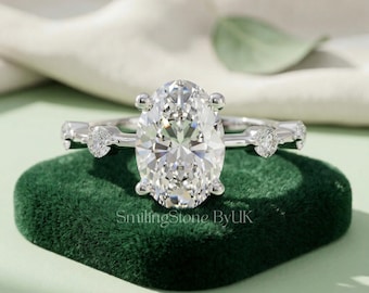 Oval Moissanite Engagement Ring for Women, 14k Solid Gold Cluster Ring, Marquise Diamond Anniversary Gift, Thin Band White Gold Promise Ring