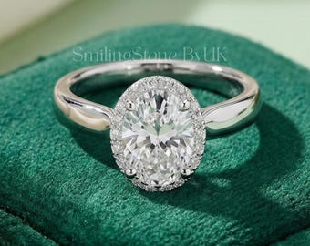 Oval Moissanite Engagement Ring for Women, 14k Solid Gold Halo Ring, Lab Grown Diamond Ring, Ethical Anniversary Ring for Wife