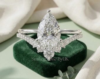 Unique Pear Shaped Ring with Nesting Band, Contoured Diamond Guard Set 10k White Gold, Teardrop Promise Ring, Custom Stacking Bridal Set