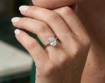 Hidden Basket Oval Cut Solitaire Ring, Thin Band 10k White Gold Wedding Ring, Eco-Friendly Lab Grown Diamond Ring