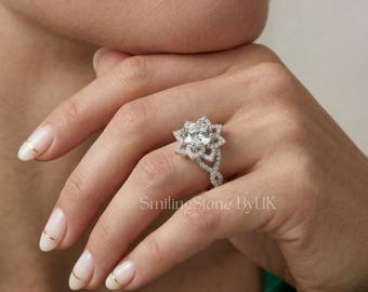 Lotus Moissanite Engagement Ring for Women, 14k Solid Gold Lab Diamond Halo Ring, Custom Handmade Floral Wedding Ring