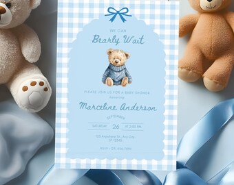 We Can Bearly Wait Baby Shower Invitation, Blue Gingham Teddy Bear Invite, Editable Canva