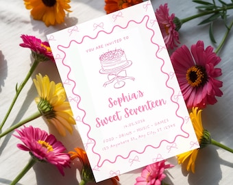 May include: A white invitation card with pink text and a decorative border. The card reads "Sophia's Sweet Seventeen" with event details and a cake illustration. Surrounded by colorful flowers.