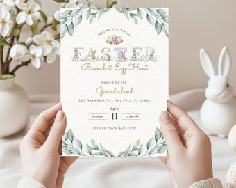 Easter Brunch Invitation Template, Watercolor Bunny Egg Hunt Invite, Editable Spring Party