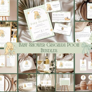 Può includere: Una collezione di articoli di cancelleria e decorazioni per baby shower a tema Winnie the Pooh. Gli articoli includono inviti, biglietti di ringraziamento, decorazioni per cupcake e un gioco di lotteria per pannolini. La combinazione di colori è giallo tenue, verde e bianco.