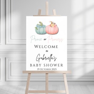 May include: A baby shower sign on a wooden easel. The sign features two watercolour pumpkins, one blue and one pink, with the text "Prince or Princess" above "Welcome to Gabriella's Baby Shower 19 October 2025."