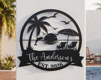Personalized Beach House Metal Sign | Custom Tropical Poolside Decor | Palm Tree Family Name Plaque | Coastal Outdoor Patio Wall Art