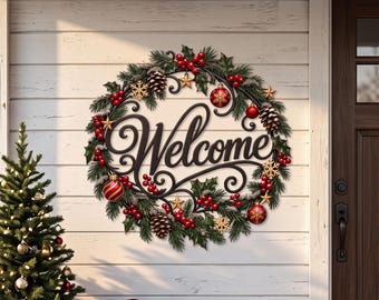 Christmas Welcome Metal Sign | Holiday Wreath Front Porch Decor | Rustic Winter Berry Door Hanger | Xmas Entryway Housewarming Gift