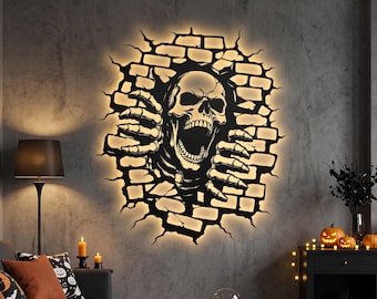 LED Skull Breaking Wall Metal Sign | Scary Halloween Decor | Gothic Skeleton Wall Art | Haunted House Light Up Sign | Horror Home Decor