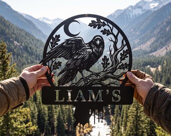 Personalized Gothic Raven Metal Sign | Custom Spooky Crow Wall Art | Dark Academia Room Decor | Viking Dripping Name Plaque | Halloween Sign
