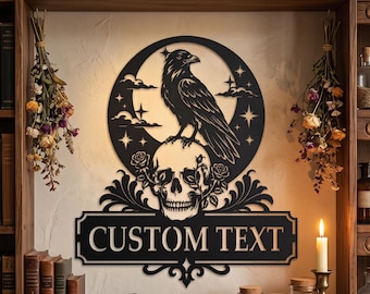 Custom Raven Skull Metal Sign | Gothic Halloween Decor | Personalized Witchy Wall Art | Dark Academia Sign | Housewarming Gift