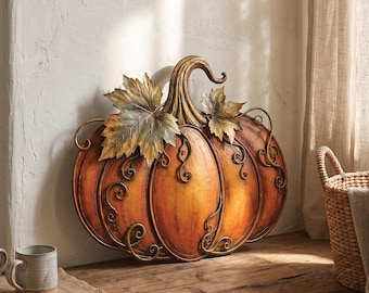 Rustic Metal Pumpkin Wall Art | Fall Harvest Home Decor | Large Thanksgiving Porch Sign | Vintage Autumn Metal Art | Fall Mantle Decor