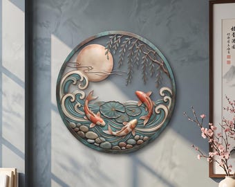 Koi Fish Metal Wall Decor | Japanese Zen Lotus Moon Plaque | Feng Shui Housewarming Gift For Home
