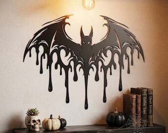 Metal Bat Wall Art | Gothic Halloween Decor | Spooky Drip Bat Hanging Sign