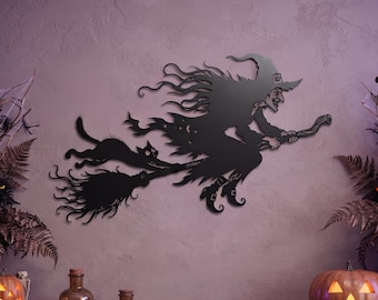 Funny Metal Witch Wall Art | Spooky Halloween Decor | Flying Witch on Broom Sign | Black Cat and Witch Silhouette | Gothic Witchy Home Gift