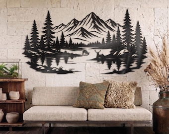 Mountain Lake Metal Wall Art | Rustic Cabin Decor | Forest Wildlife Hanging Sign