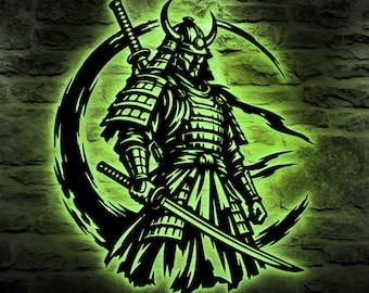 Samurai Metal Wall Art with LED | Japanese Warrior Katana Sign | Gaming Room Man Cave Wall Decor