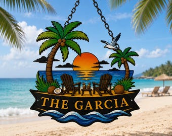 Personalized Beach House Metal Sign | Custom Tropical Ocean Sunset Decor | Housewarming Gift | Coastal Vacation Home Art