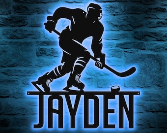 LED Hockey Metal Sign with Custom Player Name for Sports Room Decoration