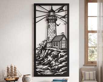 Lighthouse Metal Wall Art | Nautical Beach House Decor | Vertical Coastal Outdoor Sign