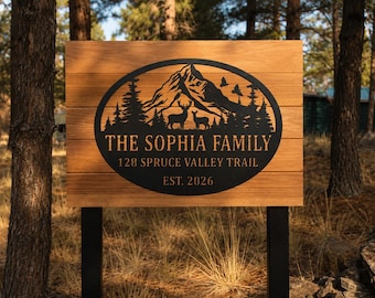 Custom Mountain Address Sign | Personalized Deer Family Metal Plaque | Cabin Decor