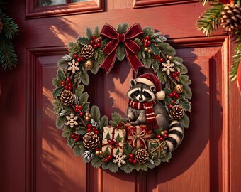 Christmas Raccoon Wreath Metal Sign | Rustic Holiday Front Door Decor | Outdoor Winter Porch Plaque | Raccoon Lover Housewarming Gift
