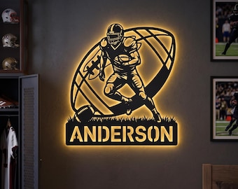 Personalized Football Metal Sign with LED | Custom Name Football Player Wall Art | Boy Bedroom Sports Decor | Man Cave Player Gift