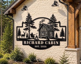 Personalized Cabin Metal Sign | Custom Family Name Outdoor Decor | Rustic Log Cabin Wall Art | Campfire Forest Sign | Housewarming Gift