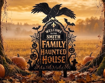 Personalized Haunted House Sign | Custom Family Name Halloween Yard Stake | Metal Tombstone Lawn Decor | Spooky Outdoor Gothic Welcome Sign