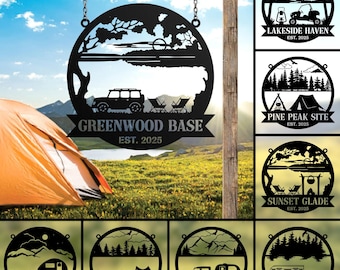 Personalized Camping Metal Sign – Custom Campsite or RV Name, Lake/Cabin Scene, Custom Family Name, Outdoor Yard & Campground Decor