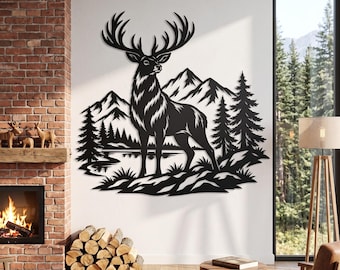 Metal Deer Wall Art | Stag Buck Antlers Sign | Rustic Mountain Cabin Lodge Decor Plaque Gift