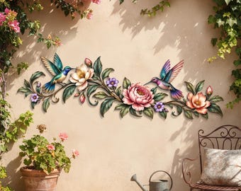 Hummingbird Metal Wall Decor | Colorful Floral Branch Garden Plaque | Outdoor Patio Porch Sign | Nature Lover Housewarming Gift