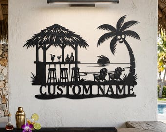 Custom Tiki Bar Metal Sign | Personalized Tropical Pool House Decor | Outdoor Backyard Wall Art