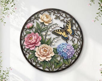 Colorful Butterfly Floral Metal Wall Art | Peony Hydrangea Botanical Round Sign | Vintage Cottagecore Decor | Nature Gift for Mom