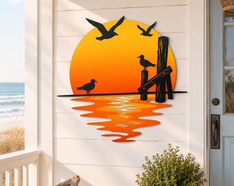 Custom Seagull Sunset Metal Sign, Coastal Ocean Wall Art, Beach House Decor