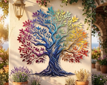 Colorful Metal Tree of Life Art | Rainbow Garden Sign Decor | Outdoor Patio Sign